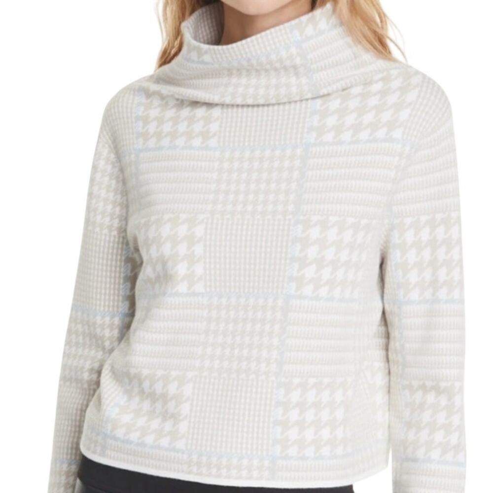 Club Monaco Malika Houndstooth Sweater Funnel Neck Crop Tan White Womens XS